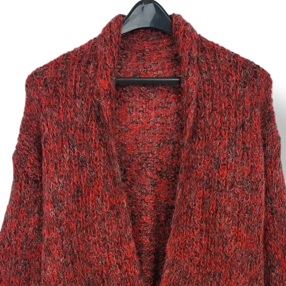 Vintage Hand Knitted Oversized V-neck Wool Knit Reindeer Sweater in Red L/XL